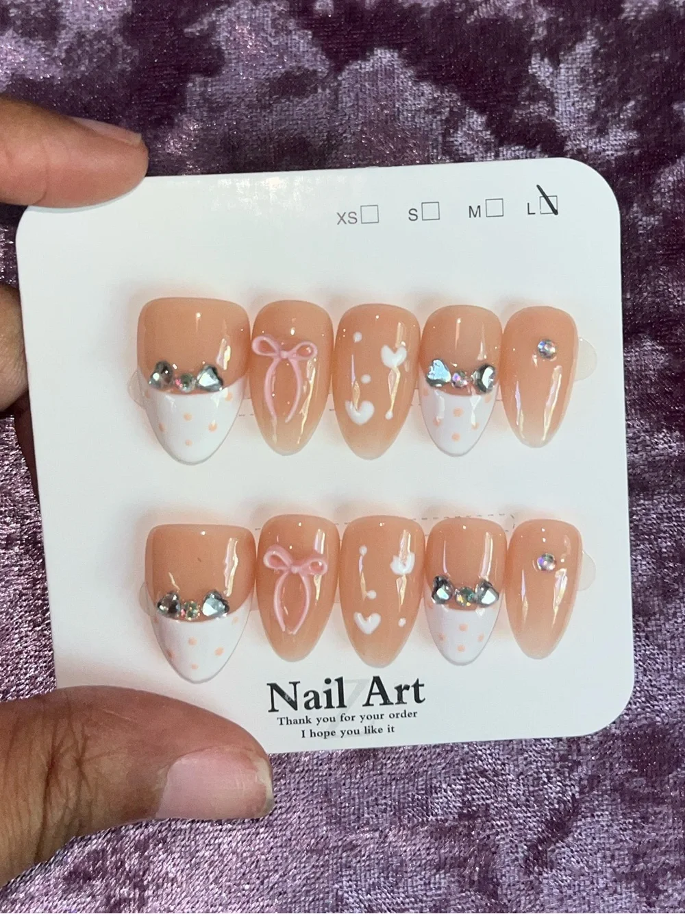 Peach & White Rhinestone Press-On Nail Set